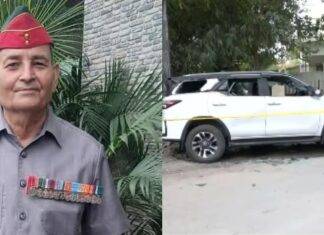 Retired Brigadier V.K. Joshi and the vehicle damaged in the incident.