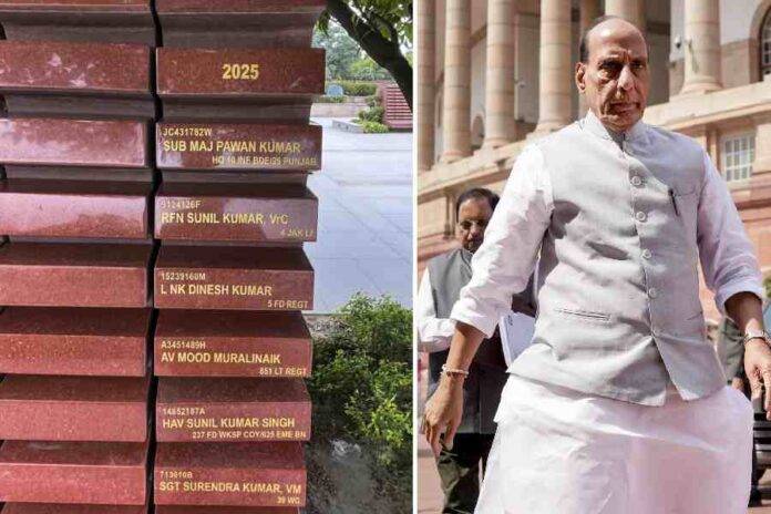 नई दिल्ली स्थित राष्ट्रीय समर स्मारक के दीवार जहां शहीद सैनिकों के नाम सम्मानपूर्वक अंकित किए गए हैं .