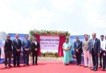 The Director General of GSI Varsha Ashok Aglawe and senior officials from GRSE, GSI, TNSL & IRS on the occasion of Keel laying ceremony of CRVs