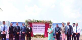 The Director General of GSI Varsha Ashok Aglawe and senior officials from GRSE, GSI, TNSL & IRS on the occasion of Keel laying ceremony of CRVs